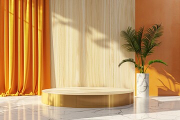 marble Podium stand studio room orange white gold color background 3d pedestal platform background....
