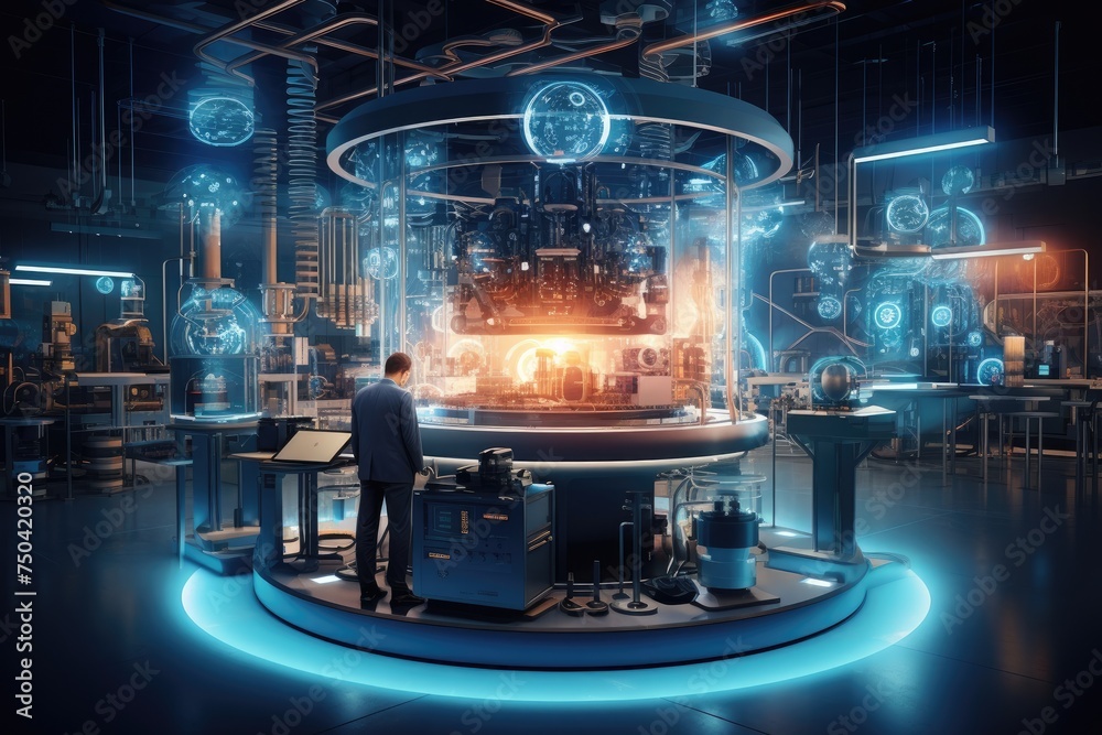Poster quantum computing laboratory with intricate machinery and futuristic user interfaces. ai generated