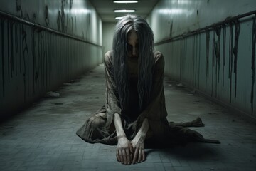 
A woman female vampire with matted hair and cracked nails, of German descent, lurking in the shadows of an abandoned asylum, her haunting cries echoing through the empty halls. Low key lighting h - obrazy, fototapety, plakaty