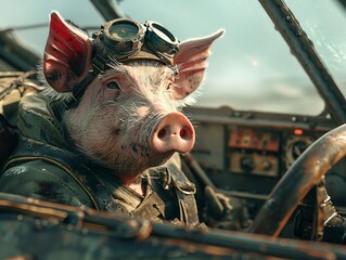 cinematic Action scene of a pig in closeup side view of the cockpit in an old military airplane in steampunk style standing on the ground for takeoff