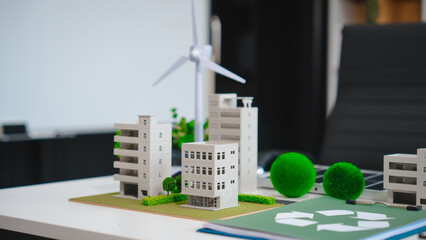 Explore a sustainable urban landscape with a clean energy focus. Discover eco-friendly buildings, net-zero initiatives, recycling symbols, and a green cityscape promoting a cleaner, greener future.