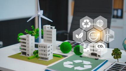 Explore a sustainable urban landscape with a clean energy focus. Discover eco-friendly buildings, net-zero initiatives, recycling symbols, and a green cityscape promoting a cleaner, greener future.