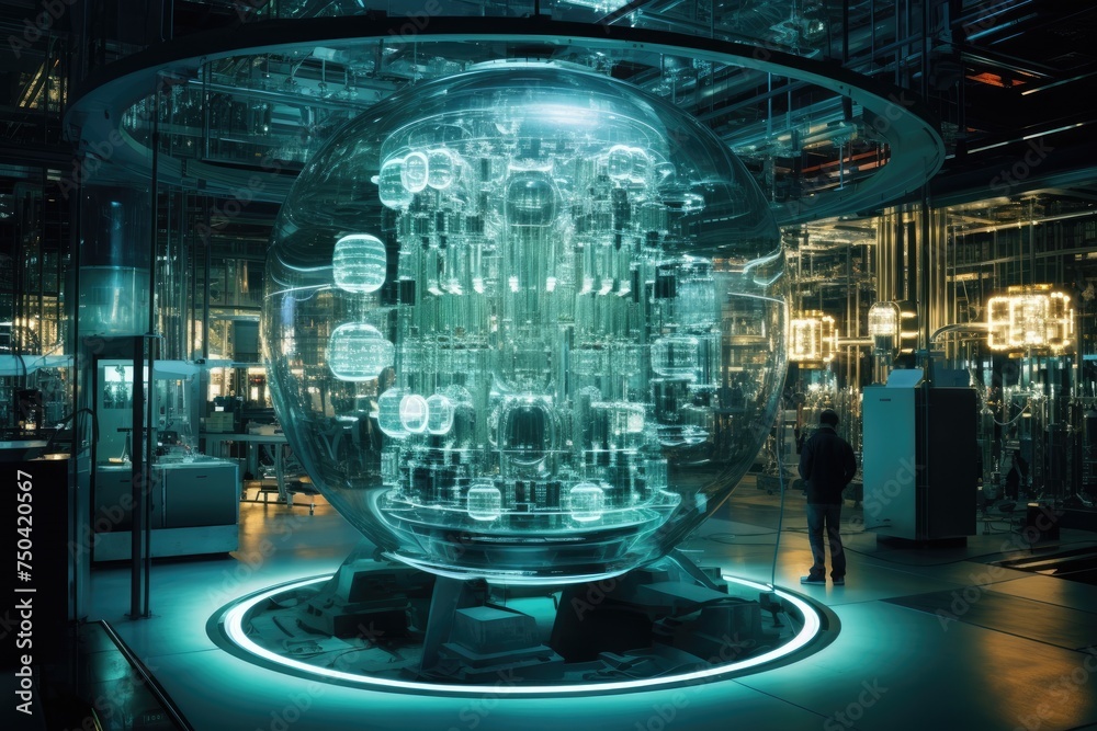 Poster quantum computing laboratory with intricate machinery and futuristic user interfaces. ai generated