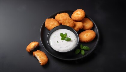 Chicken nuggets with yogurt sauce on a black background