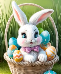A cute little white rabbit in a basket with Easter eggs