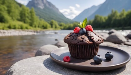 Chocolate muffin with berries on stone plate mountain river background - obrazy, fototapety, plakaty