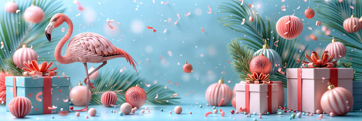  flamingo set with presents and gifts on the background of blue typography, solapunk, organic sculpting, website, grandeur of scale, animated gifs 3d render summer cover concept decoration