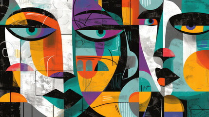 Abstract black and white cubist face with an energetic mix of turquoise, tangerine, purple, lemon yellow and emerald green in retro colors. Illustration for creative design