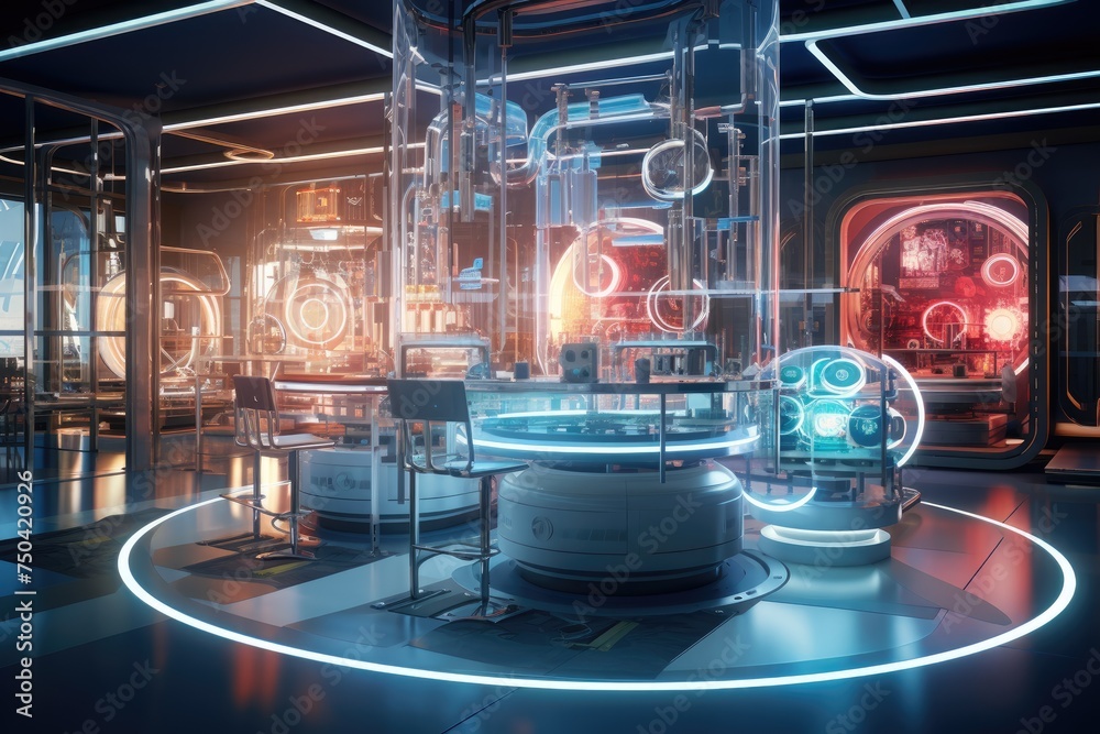 Poster quantum computing laboratory with intricate machinery and futuristic user interfaces. ai generated