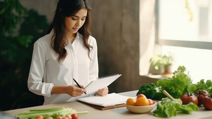 Obraz na płótnie Canvas Dieting and calories control for wellness. Woman using smartphone calculate calories of food in breakfast during dieting for lose weight program and take notes.
