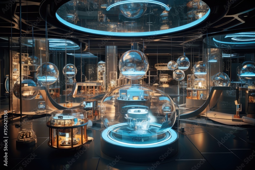 Poster quantum computing laboratory with intricate machinery and futuristic user interfaces. ai generated