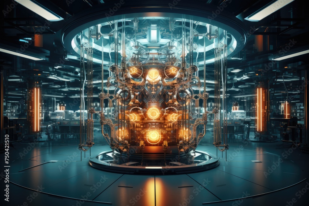 Poster quantum computing laboratory with intricate machinery and futuristic user interfaces. ai generated