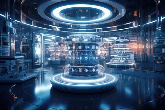 Quantum computing laboratory with intricate machinery and futuristic user interfaces. Ai generated
