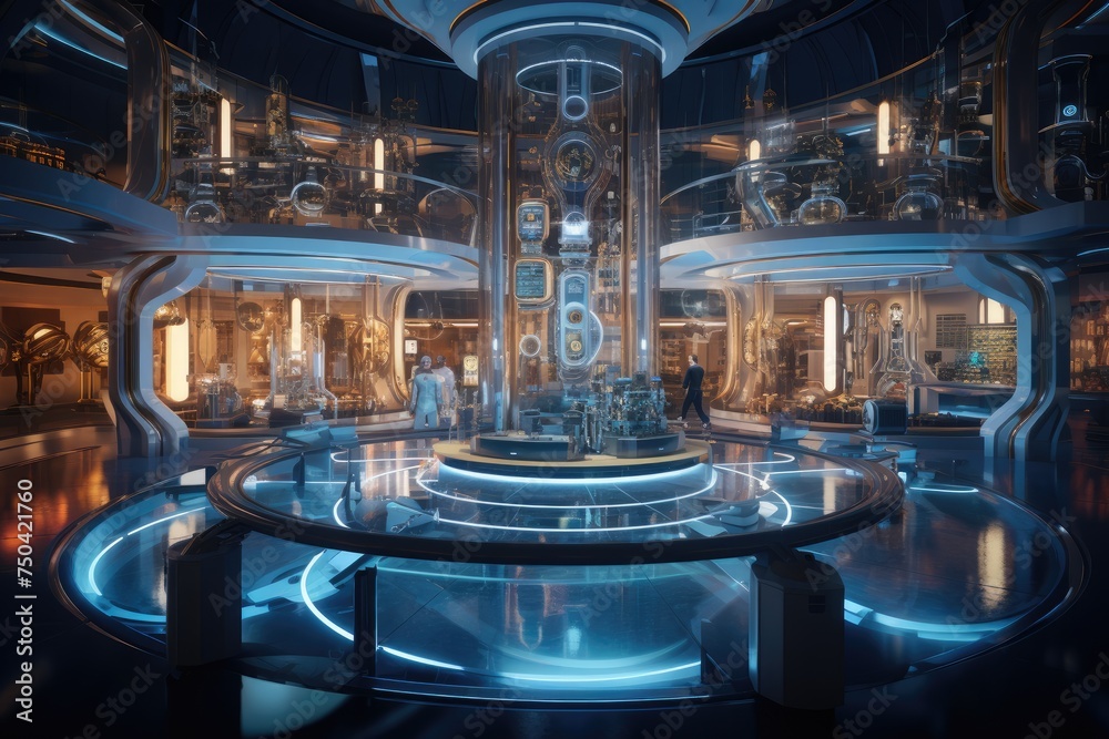 Poster quantum computing laboratory with intricate machinery and futuristic user interfaces. ai generated