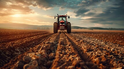 Agricultural worker operating tractor in rural farm field under blue sky. Concept Agriculture,...
