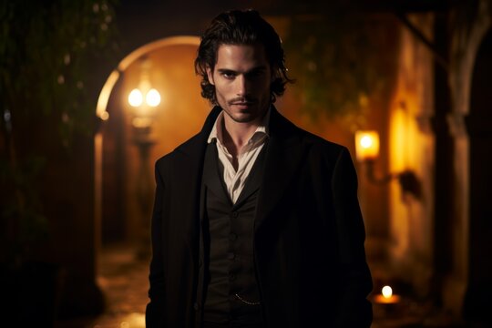 
A male vampire with a mysterious smile and piercing amber eyes, of Spanish descent, standing alone in the moonlit courtyard of his hacienda, his expression a mix of longing and regret. Low key lighti