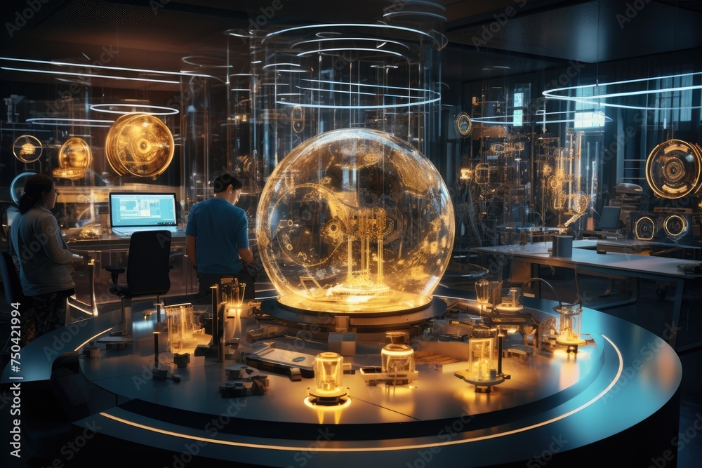 Poster quantum computing laboratory with intricate machinery and futuristic user interfaces. ai generated