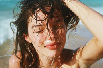 joyful portrait of a woman by the sea with wet hair and closed eyes