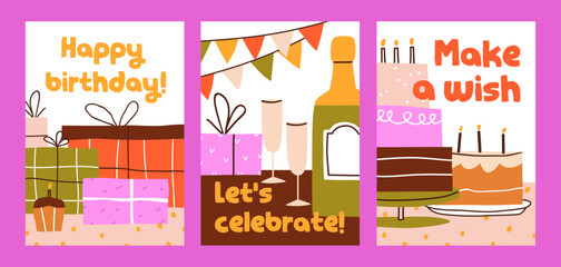 Happy birthday postcards set. Greeting card backgrounds, designs with holiday cake, candles, gift boxes, presents, surprises, champagne and wineglasses. Modern trendy flat vector illustrations - 750421929