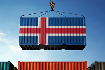 Iceland trade cargo container hanging against clouds background