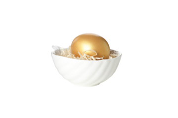 PNG, A golden egg in a bowl, isolated on white background