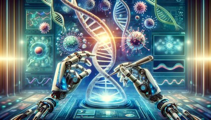 This AI-generated image portrays a futuristic concept where robotic arms manipulate a DNA helix, surrounded by virus models and scientific data, illustrating the fusion of technology and biology.