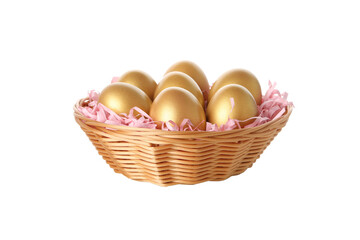PNG, Golden eggs in a wicker basket, isolated on white background