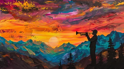 Rollo Art depicting a man playing trumpet in natural landscape at sunset © tino