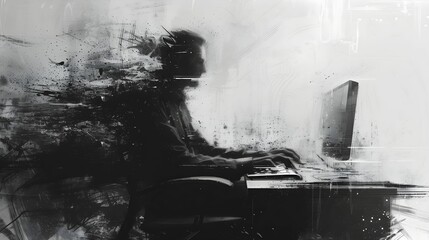 A horror scary of businessman work hard with computer after the dead surreal illustration design in black and white.