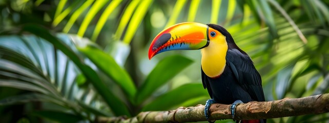Fototapeta premium A colorful toucan with a large beak perches on a tree branch in the lush jungle, parrot in nature concept.
