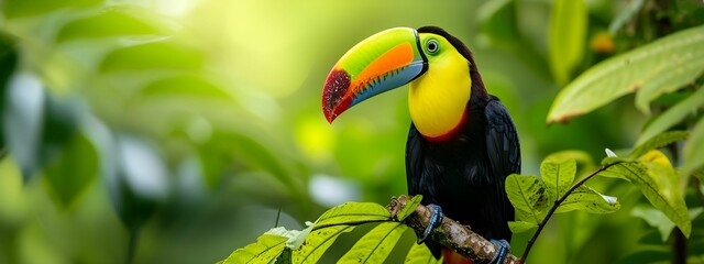A colorful toucan with a large beak perches on a tree branch in the lush jungle, parrot in nature concept.