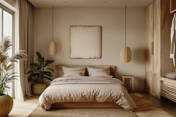 Mockup of blank frame in minimalistic interior, bedroom with beige bed, large window and wooden furniture, style of warmcore, earth brown tones, neutral organic design, AI generated