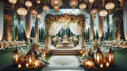 beautifully decorated wedding ceremony location set in an oriental style