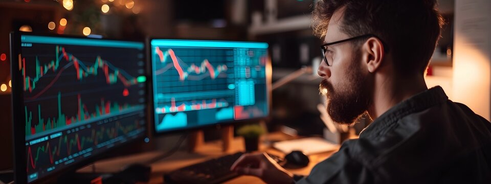 A man using computer for trading a stock or forex or cryptocurrency to make money.