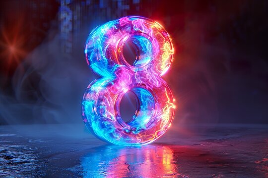 Number 8 - colorful glowing outline alphabet symbol on blue lens isolated white background