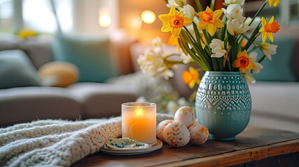 Easter still life, candle, Easter eggs and a vase with spring flowers daffodils on a table in the room, beige and blue interior, AI generated - obrazy, fototapety, plakaty