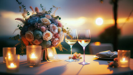 scene at the end of a wedding event, featuring two glasses of wine placed elegantly on a table - obrazy, fototapety, plakaty