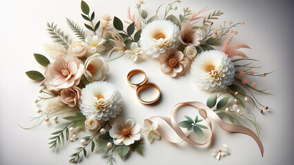 Two golden wedding rings and floral elements are on a pure white background.