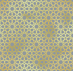 Gold authentic Arabian style seamless pattern. Vector golden Islamic ornament on grey background, shiny traditional muslim texture.