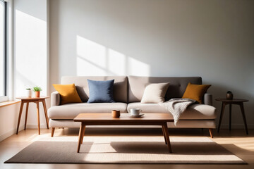 Bright and cozy modern living room interior have sofa with white wall background