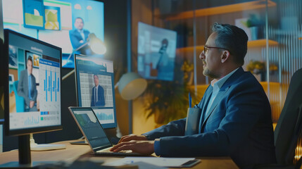 Obraz na płótnie Canvas A businessman attends a business training session via video call
