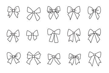 Set of elegant cartoon bows on a white background, gift ribbons. Fashionable accessory for hair braiding. Doodle ribbons. Hand drawn vector  - obrazy, fototapety, plakaty