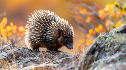 A porcupine moves along the ground at sunset, its quills highlighted by the golden light.