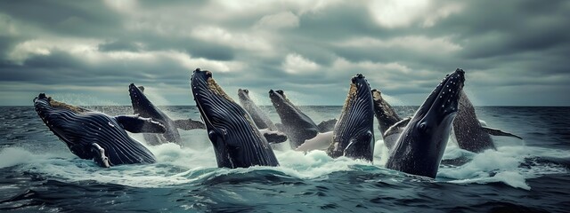 A surreal photography of group of whale jumping from water in the ocean. - obrazy, fototapety, plakaty
