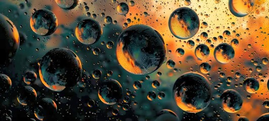 Abstract background with dark glossy rainbow colored bubbles on black, floating and flying bubbles with golden flashes, AI generated