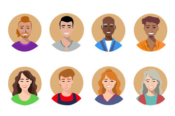 Vector de personas trabajadoras de diferentes razas con círculo detrás. Set de retratos de personas de medio cuerpo.  
