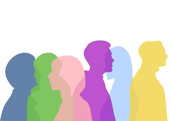 Grupo de personas de perfil de diferentes razas y colores con fondo transparente. Retrato de perfil de colores de diferentes personas.