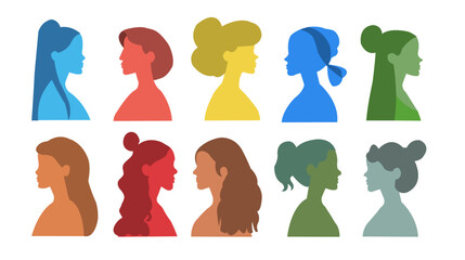Set de vectores de perfiles de mujeres diferentes de colores con fondo blanco. Retratos de perfil de personas. - obrazy, fototapety, plakaty