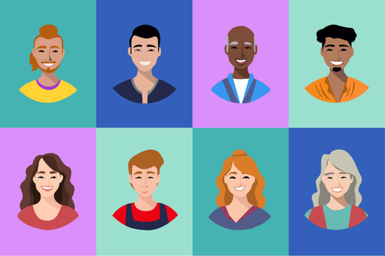 Set vectorial de retrato de personas de diferentes razas con fondo de colores. Retrato personas trabajadoras en color.