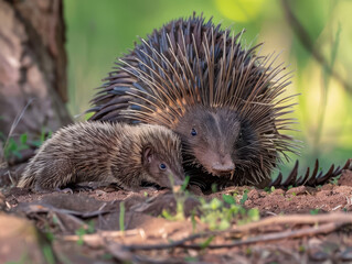 A mother porcupine with her baby, nestled among the leaves in their natural habitat.